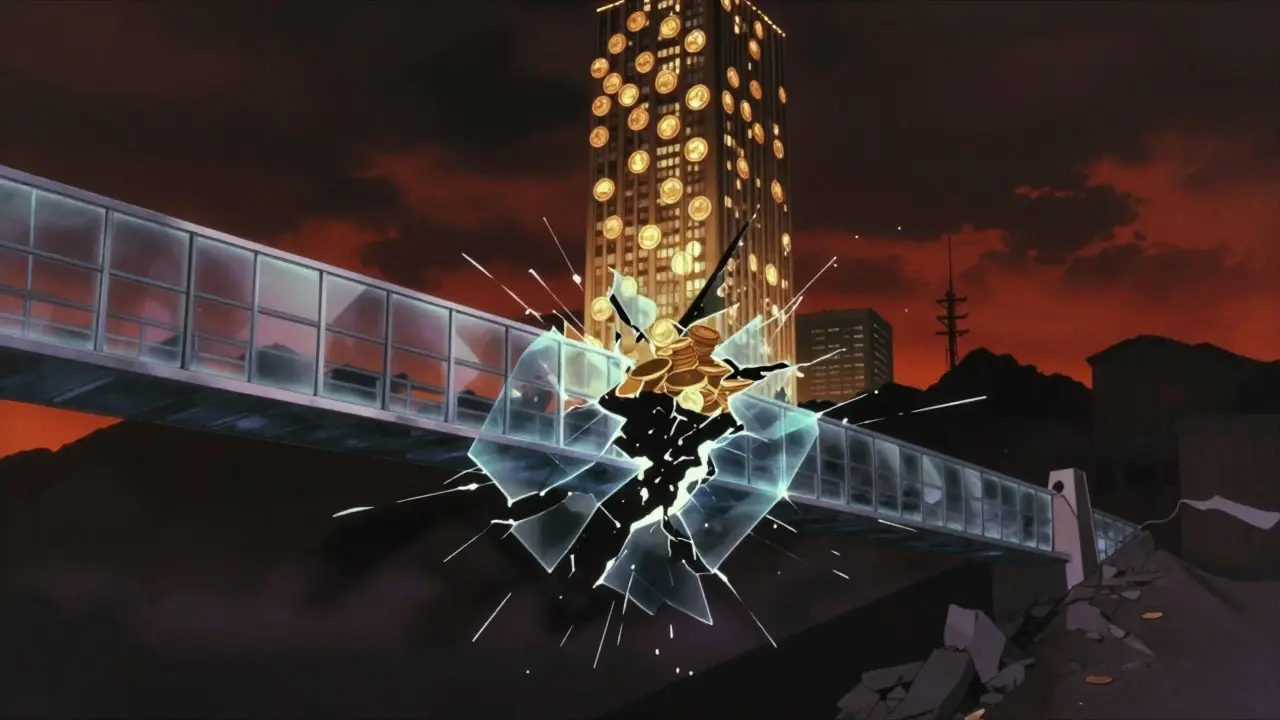 A shattering glass bridge over a void with a massive tower of light in the background, 90s anime style.