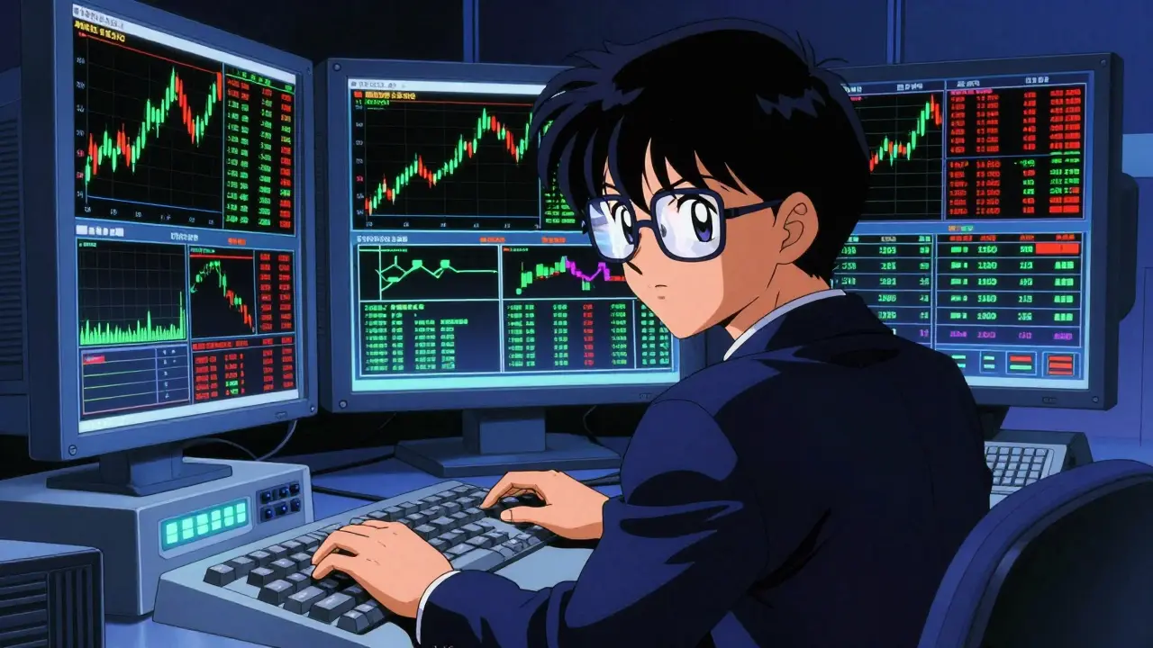 Anime character analyzing financial charts on holographic screens in a dark room.