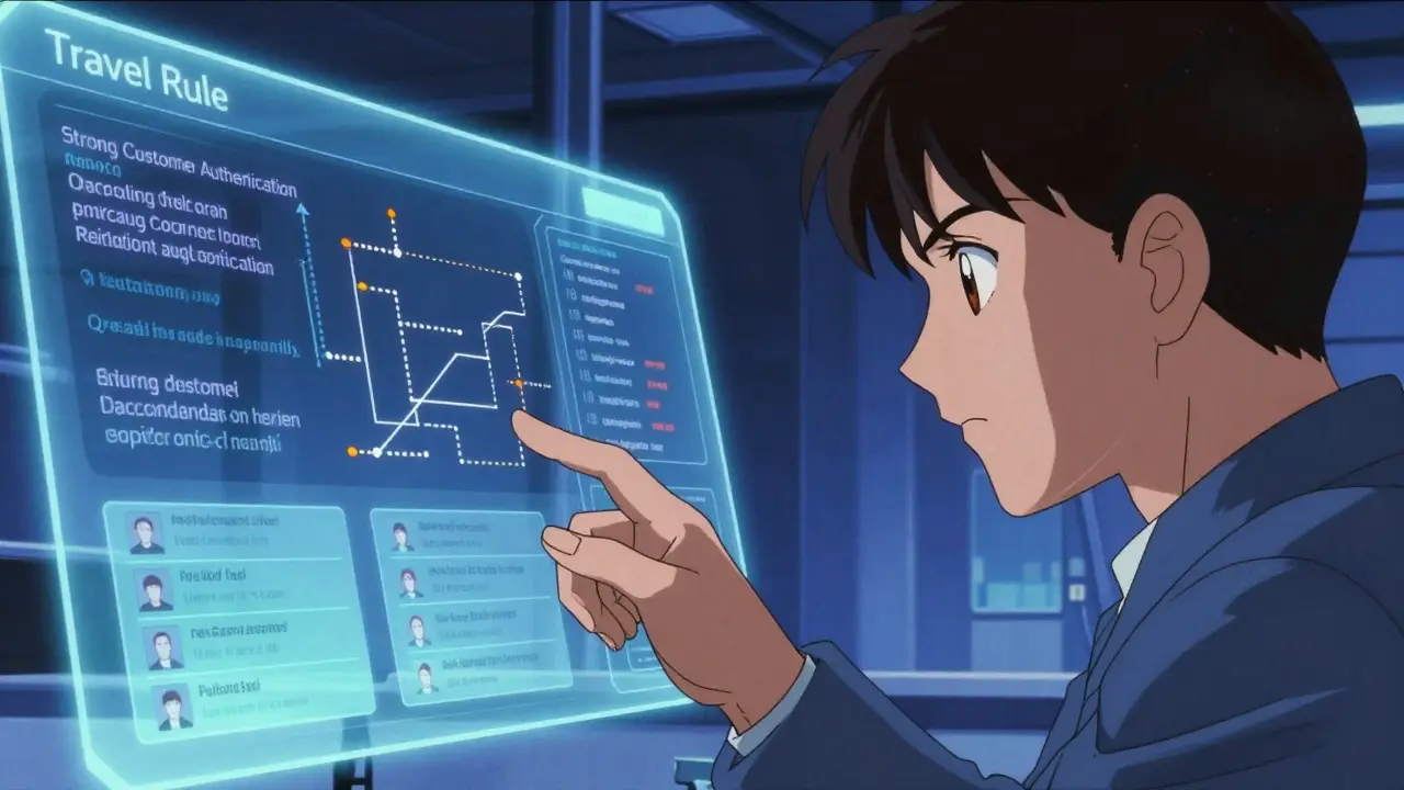 Anime character verifying encrypted crypto transactions on holographic screens.