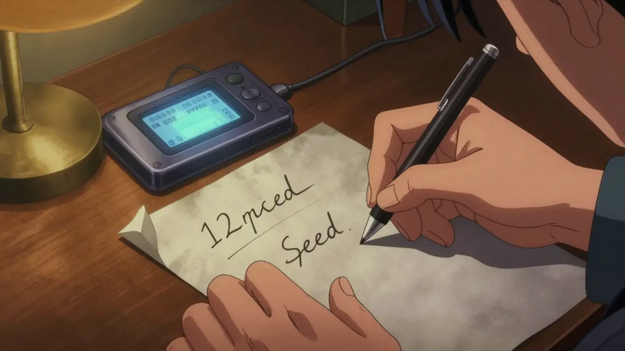 Anime character writing a secret seed phrase on paper next to a glowing digital wallet.