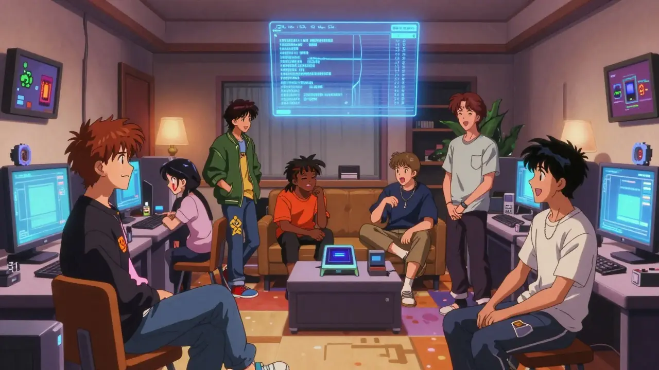 Anime characters socializing in a futuristic pixel-art hotel room
