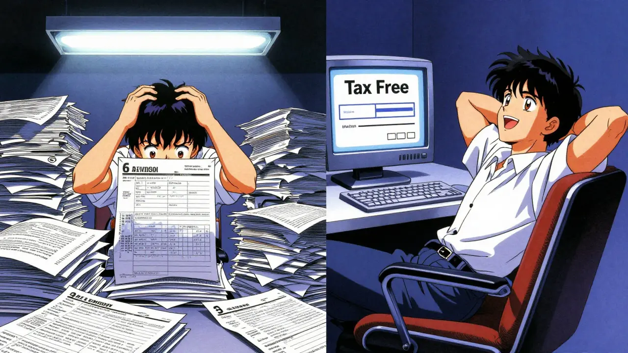 Anime illustration comparing the stress of manual crypto bookkeeping with the ease of tax-free gains.