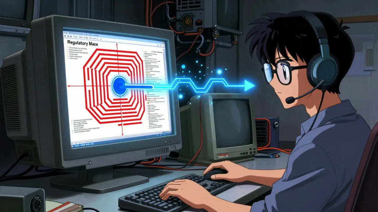 Anime illustration of a programmer using an API to simplify complex financial regulations.