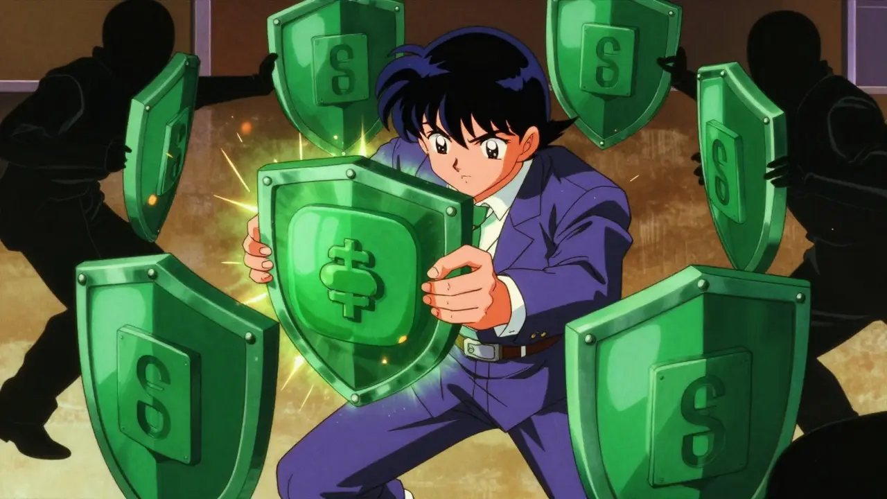 Character shielding digital wallet from shadowy threats