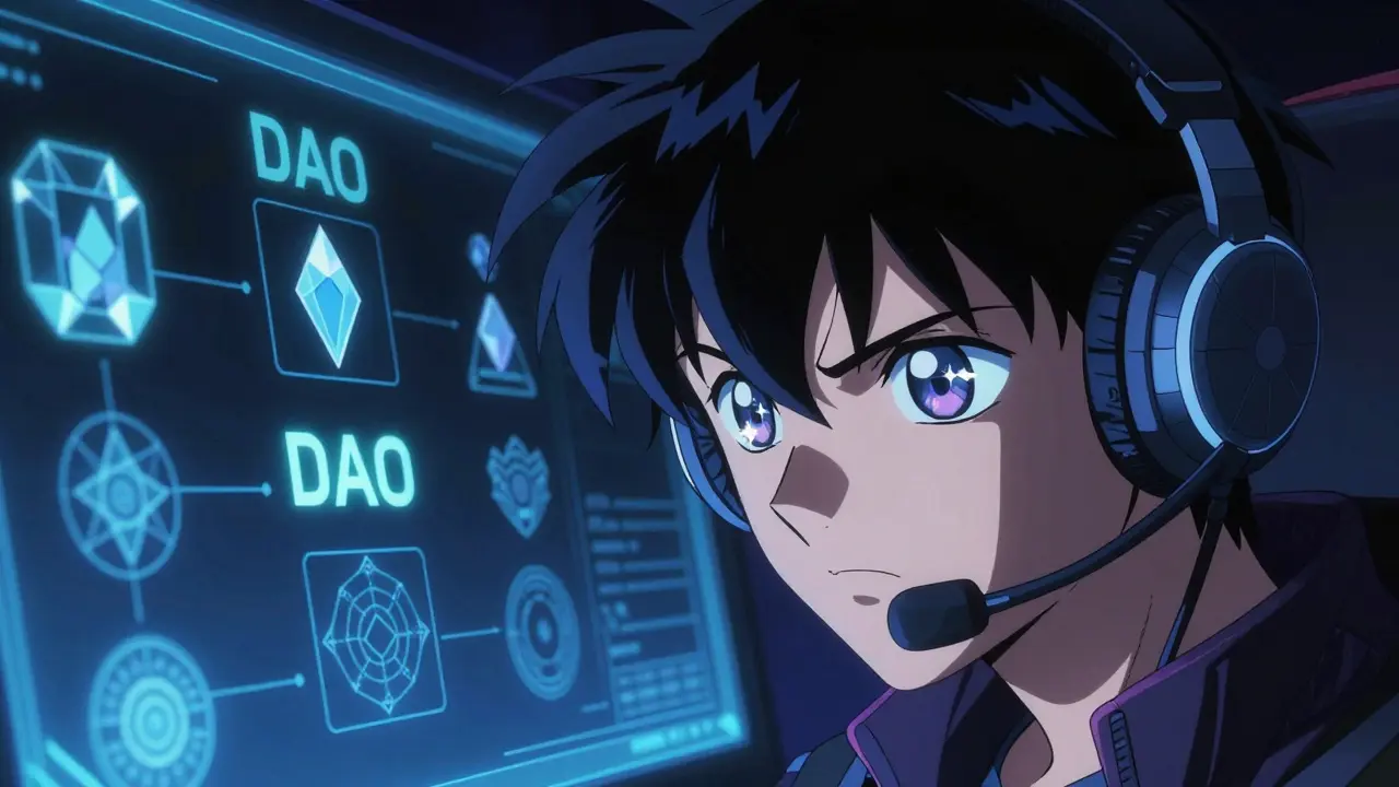Close-up of an anime gamer with holographic DAO voting elements