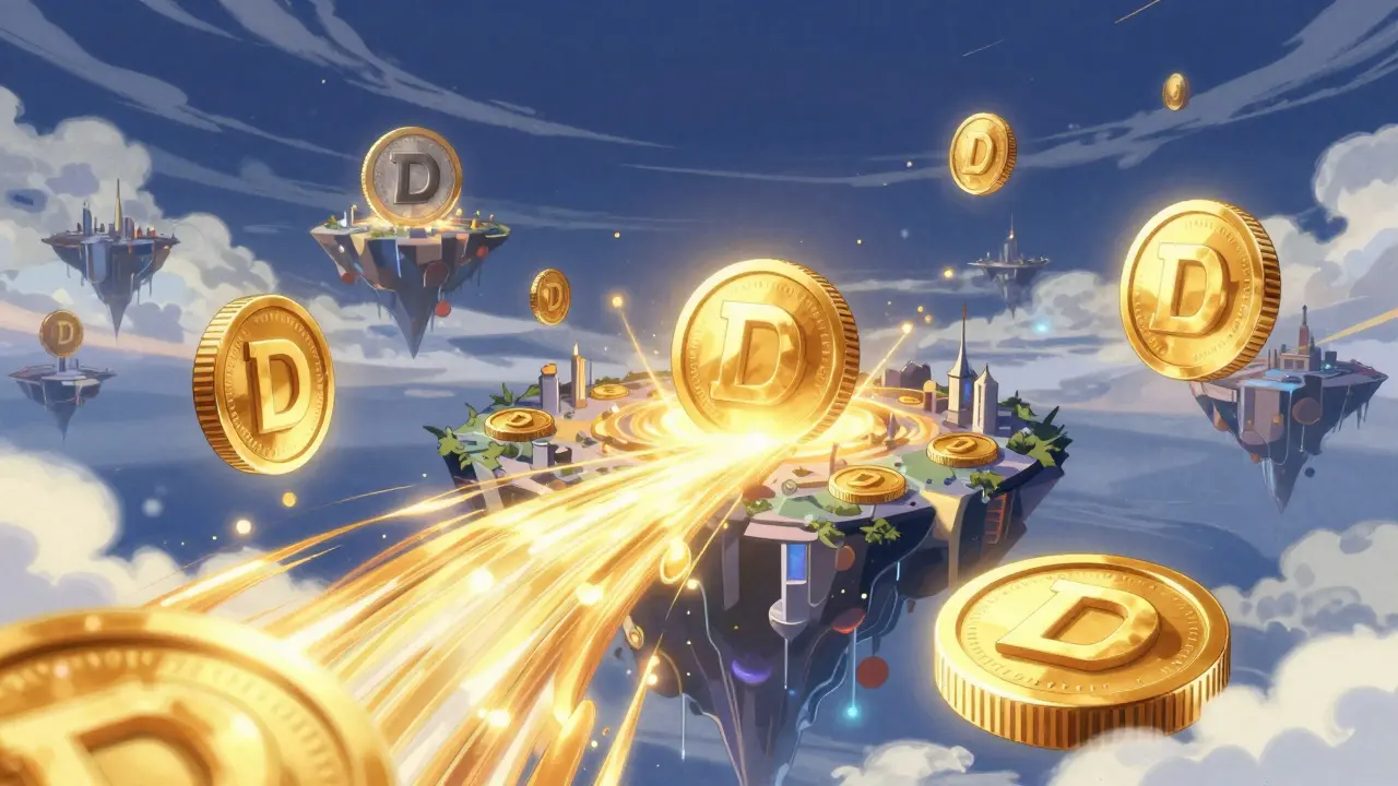 Conceptual anime art of golden tokens flowing between digital floating islands