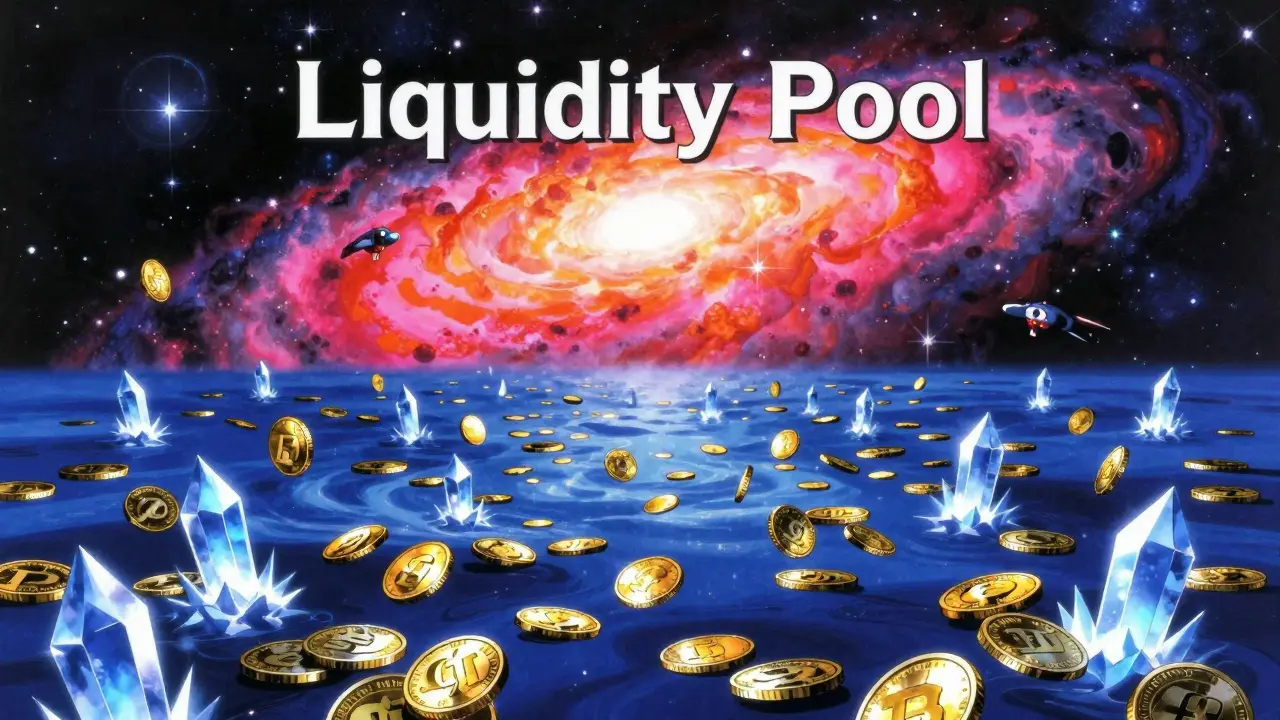 Cosmic anime visualization of a cryptocurrency liquidity pool with floating digital assets.