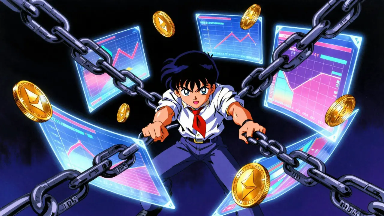 Digital coins being weighed down by heavy tax chains in anime style