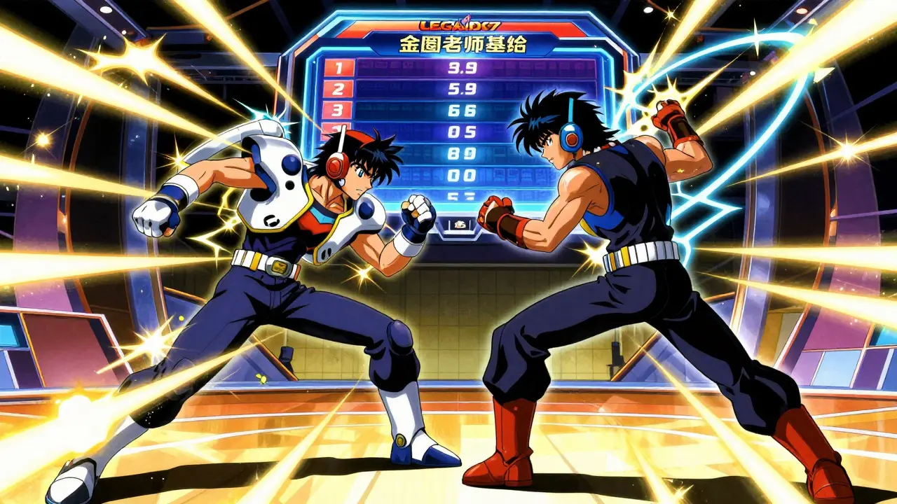 Dynamic anime battle scene showing competitive gamers in a high-stakes tournament
