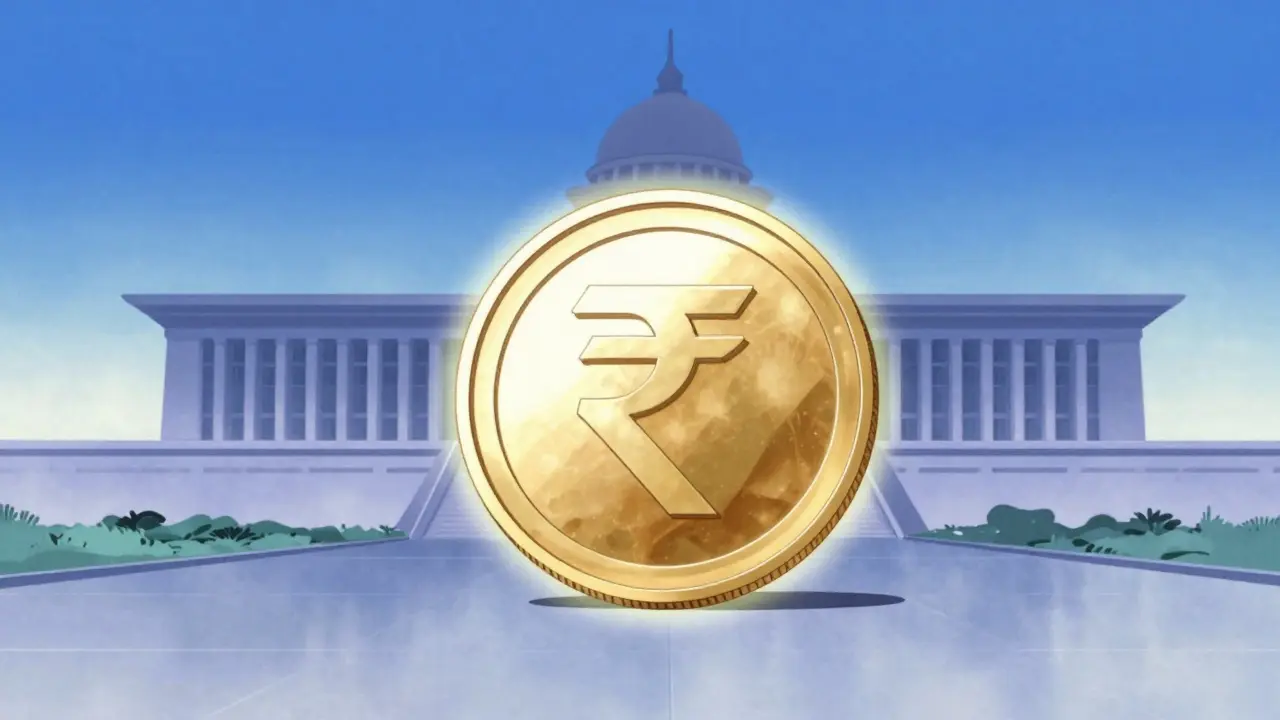 Glowing Digital Rupee symbol against a futuristic Indian city background