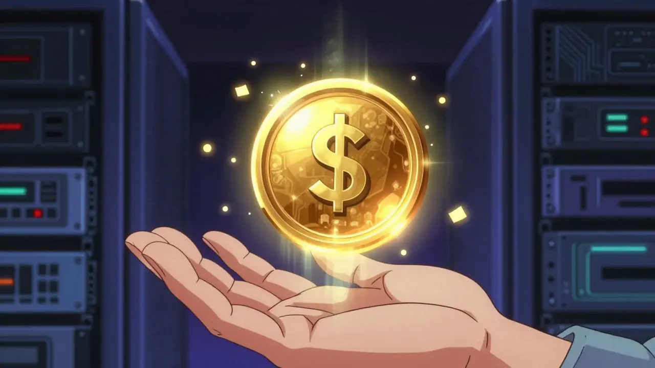 Glowing NFT cube floating above hand in dark room