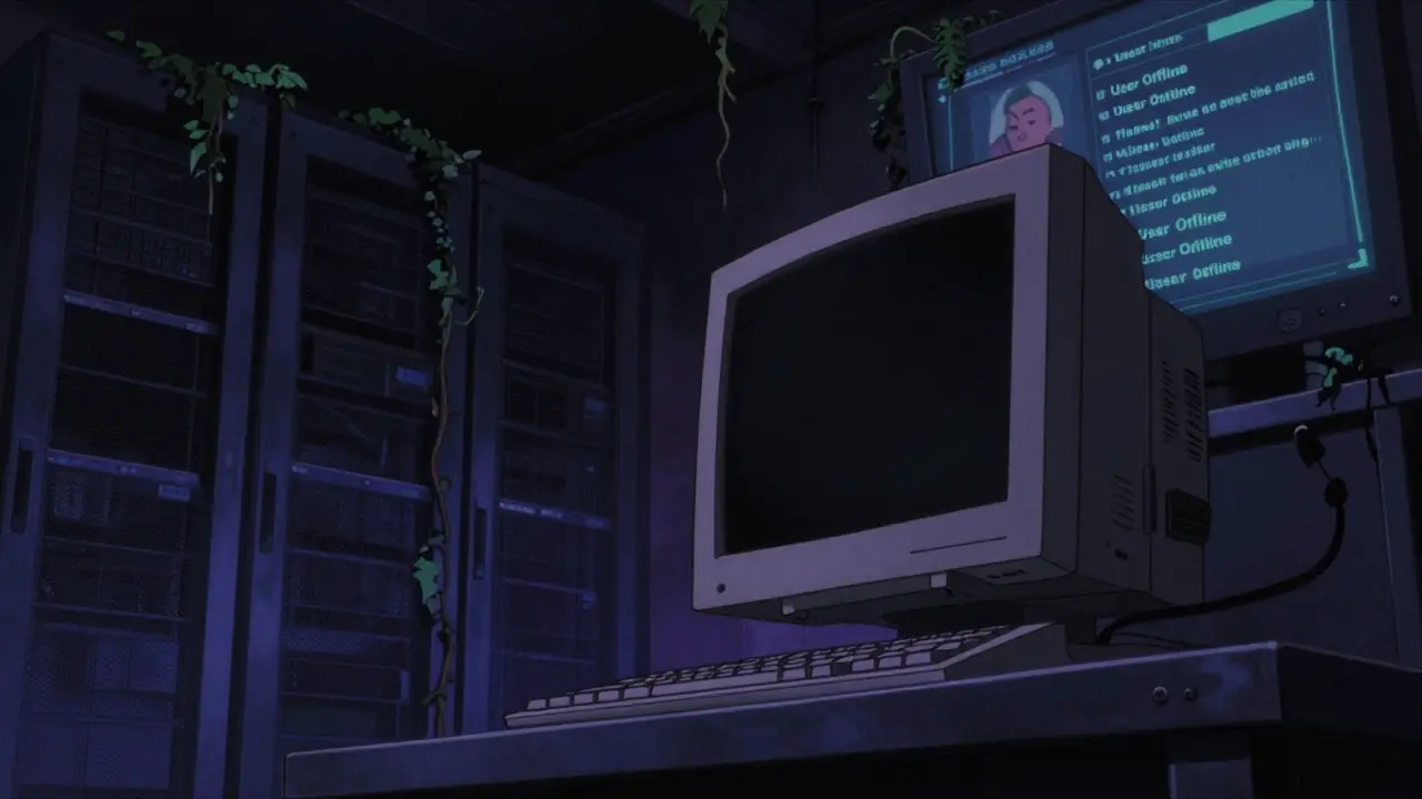 Melancholic 90s anime scene of a deserted server room with flickering offline monitors