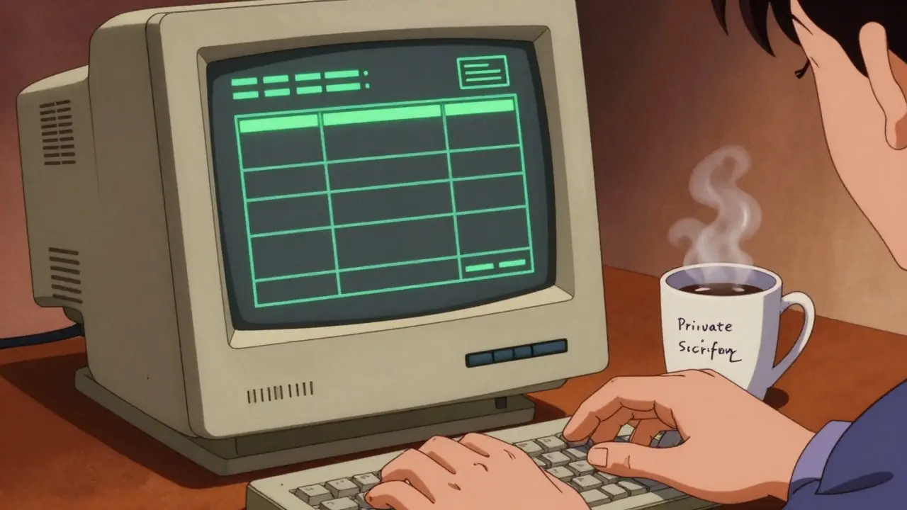 Retro anime scene of a person trading on a vintage computer in a cozy room