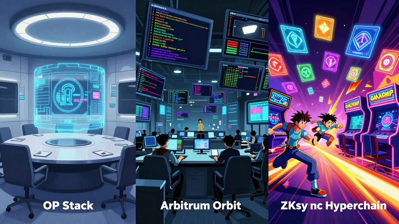 Split screen showing corporate, DeFi trading, and gaming environments in a vintage anime aesthetic.