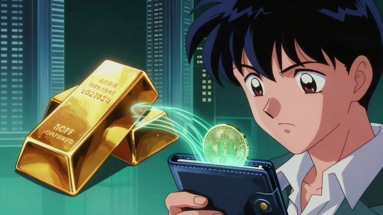 Split view of real-world assets like gold and buildings transforming into digital tokens.