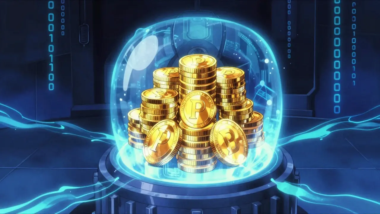 Stacks of golden digital tokens inside a glowing blue cyber vault.