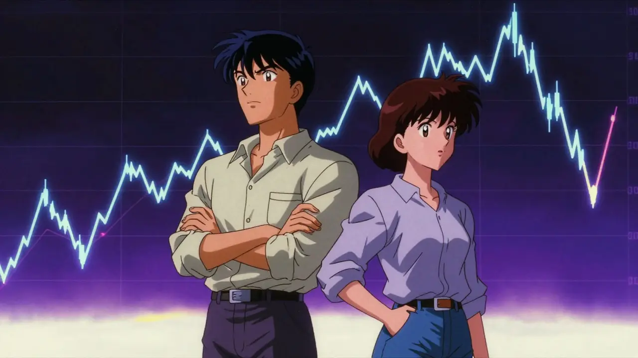 Trader and creator standing before glowing, volatile neon financial charts.