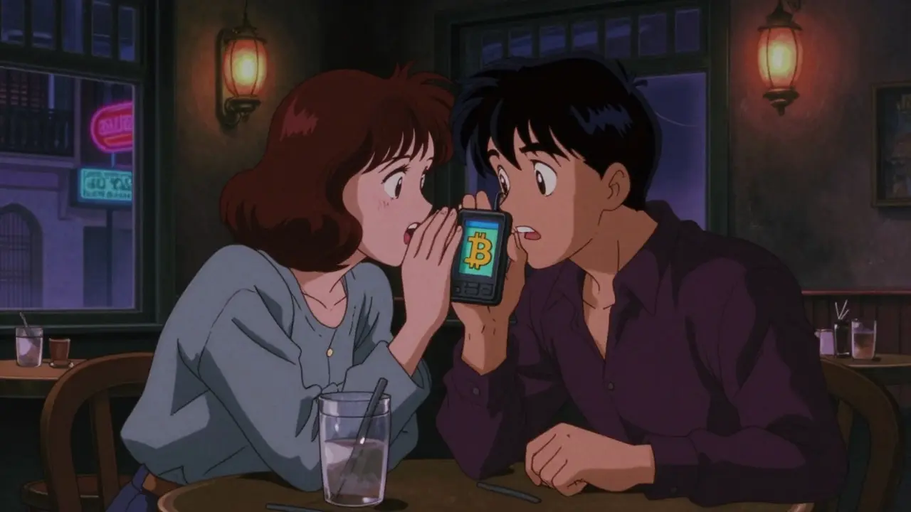 Two people secretly trading cryptocurrency in a dark cafe, 90s anime style