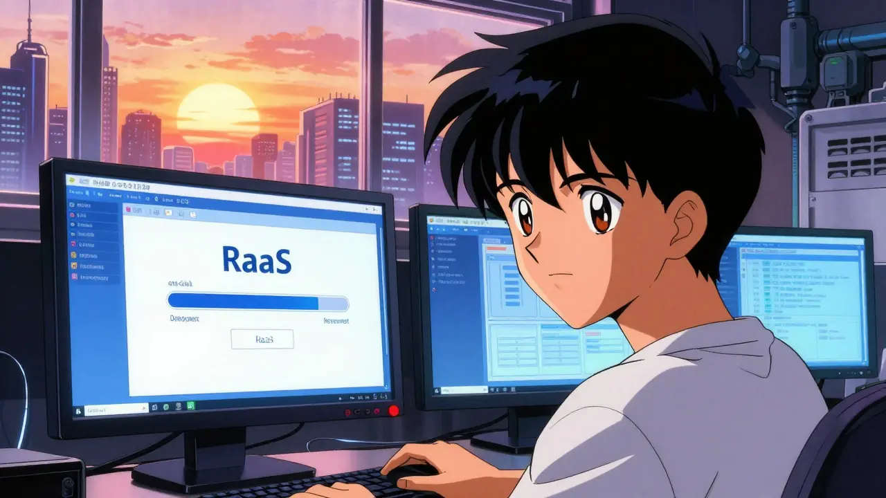 Young developer at a computer screen deploying a blockchain network during a digital sunrise in 90s anime style.
