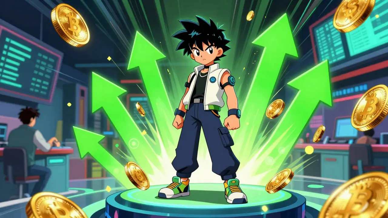 90s anime character celebrating crypto market surge