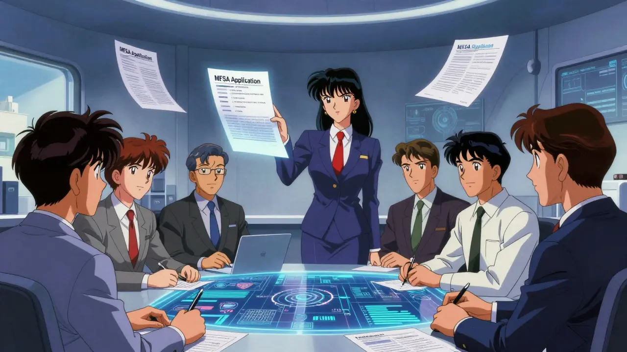 90s anime team reviewing MFSA compliance documents in office