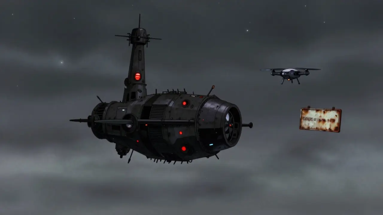 Abandoned space station floating in dark void, 90s anime style