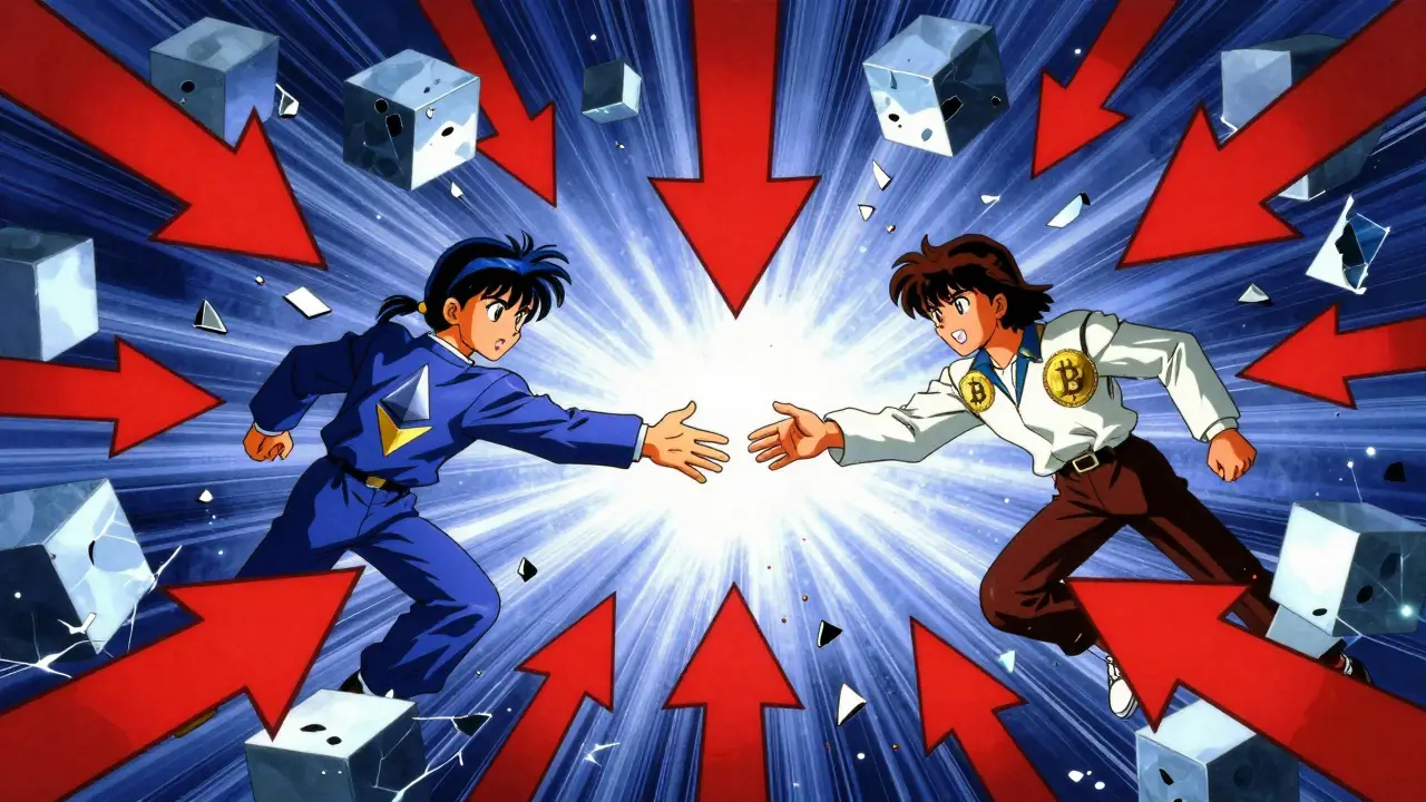 Abstract anime art of P2P crypto trade failing in void