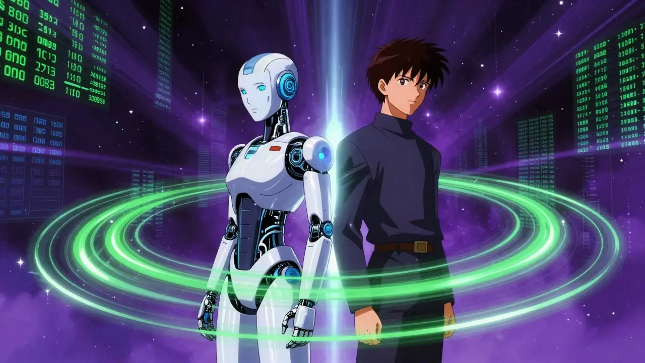 AI robot and ledger guardian merging in digital space