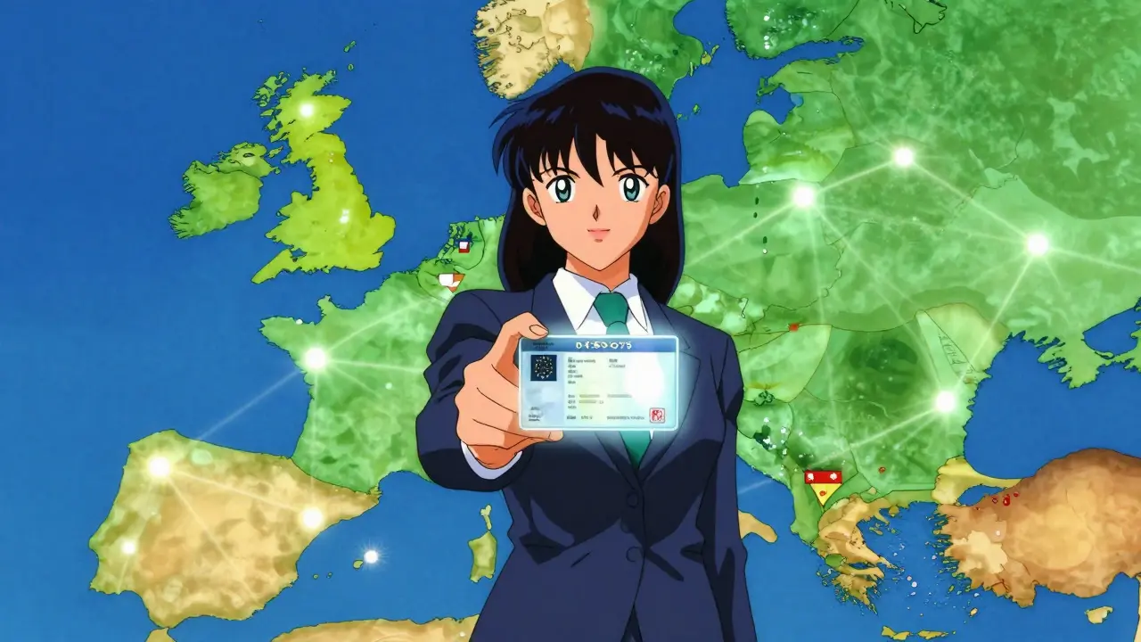 Anime CEO holding glowing EU passport license over map