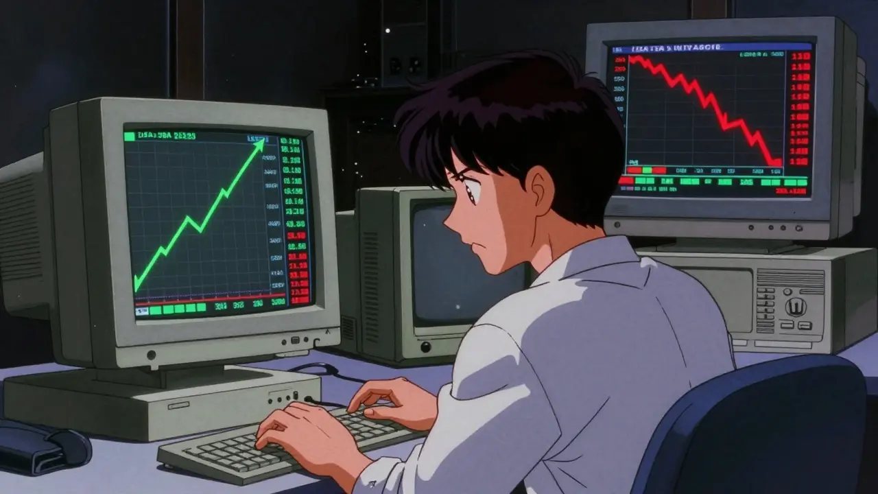 Anime character looking at conflicting price charts on vintage computer screens