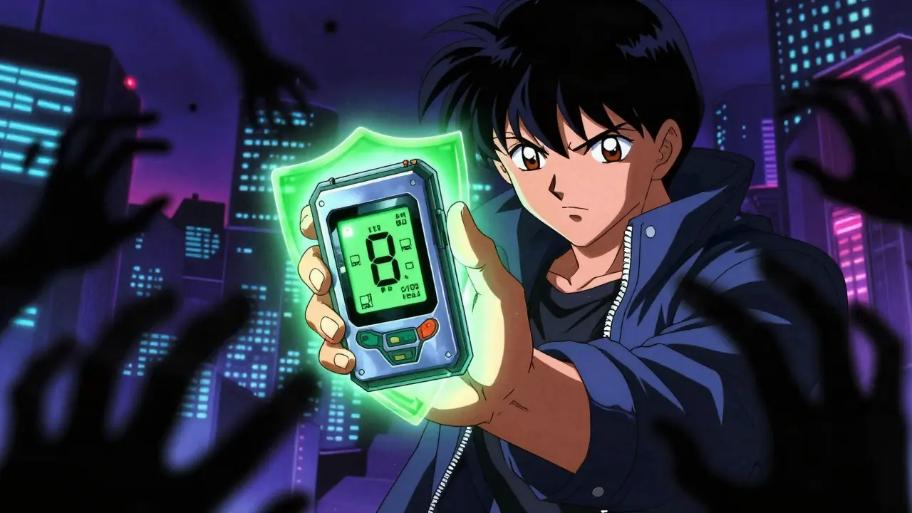 Anime character protecting a digital wallet with a green shield from shadowy threats