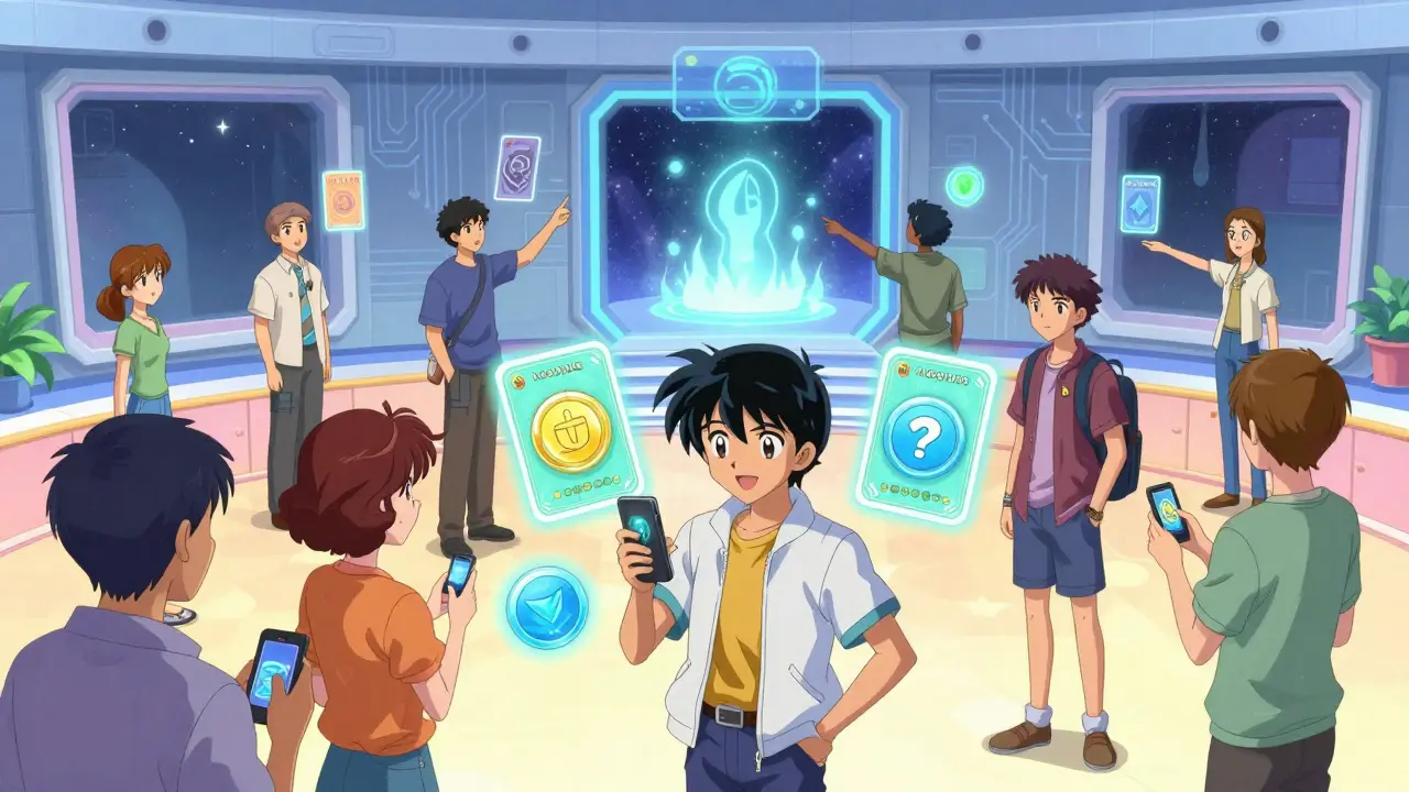 Anime characters completing virtual tasks in a colorful digital community hub