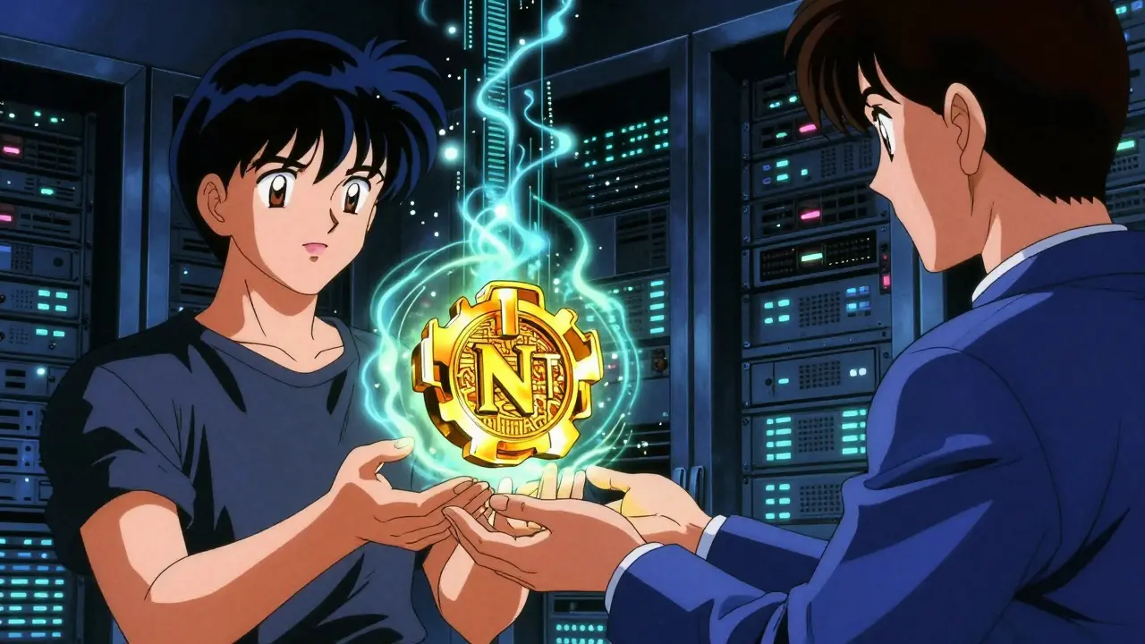 Anime characters exchanging a glowing NFT token in a server room