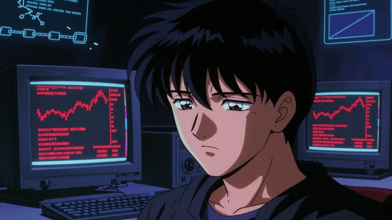 Anime gamer looking at crashing crypto charts on old monitors