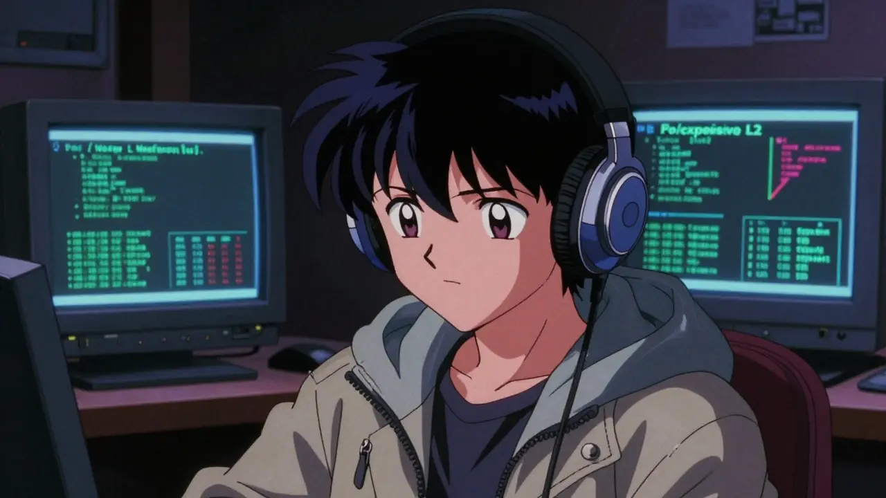 Anime protagonist in retro room analyzing blockchain data on screens