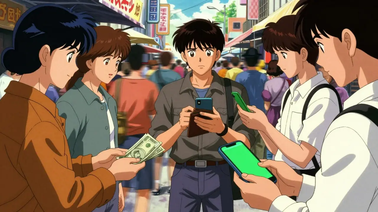 Anime scene contrasting physical cash exchange with digital smartphone payments.