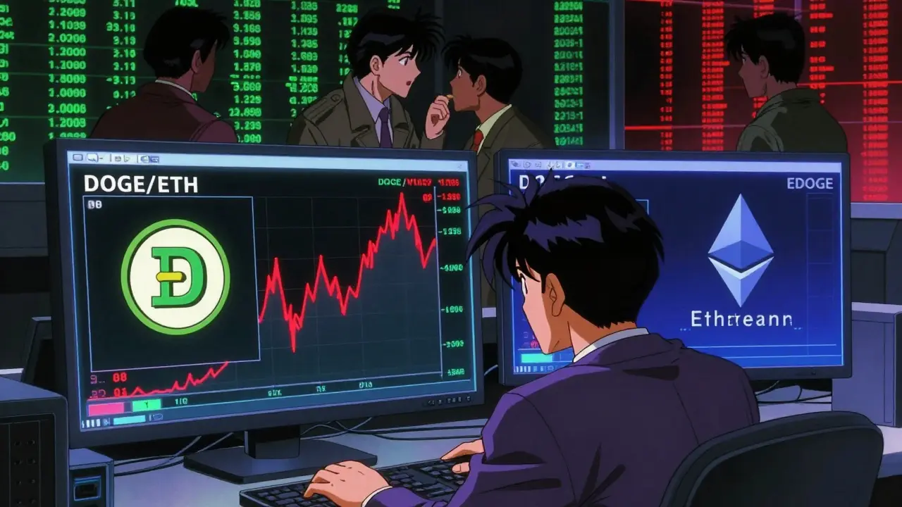 Anime trader analyzing volatile Dogecoin and Ethereum charts in a cyberpunk setting