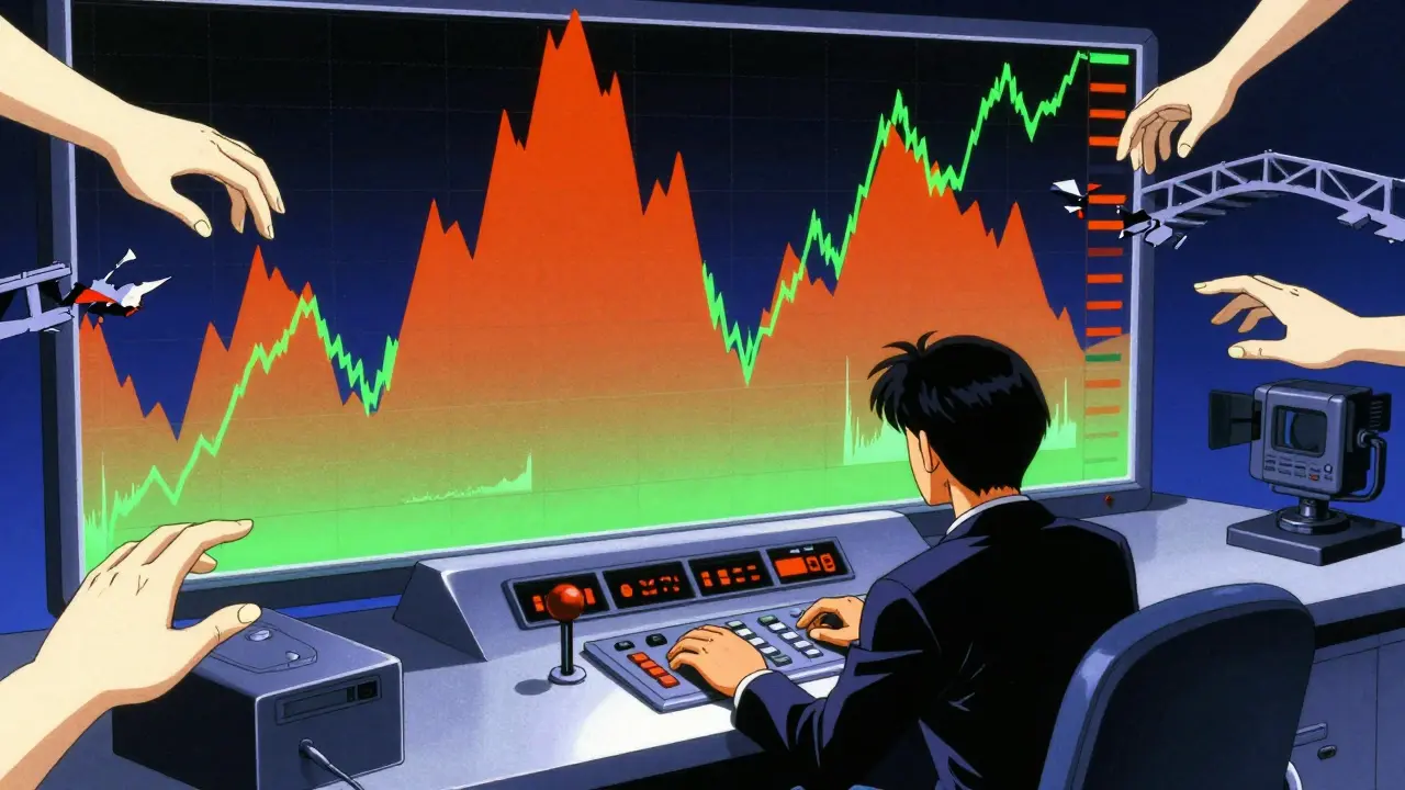 Anime trader facing volatile markets and financial risks on a screen