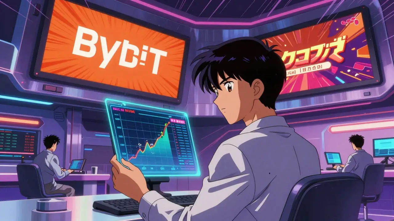 Anime trader looking at holographic crypto charts in futuristic exchange