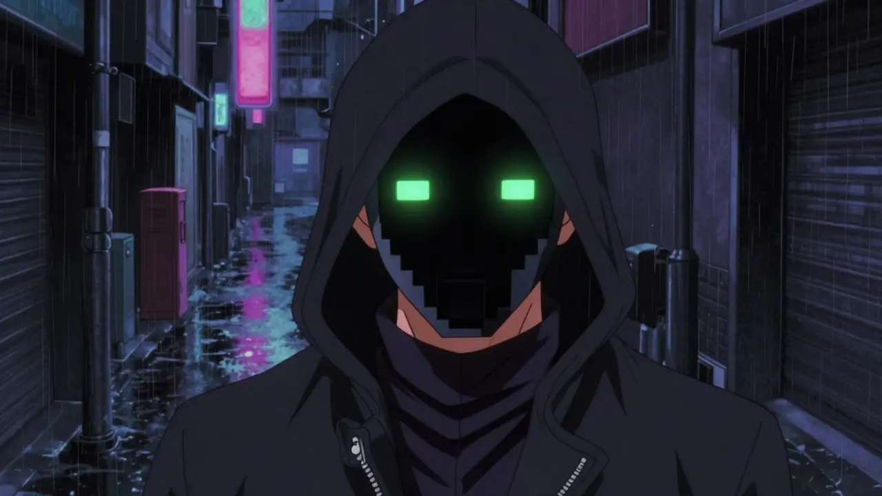 Anonymous hooded figure in rainy neon alley