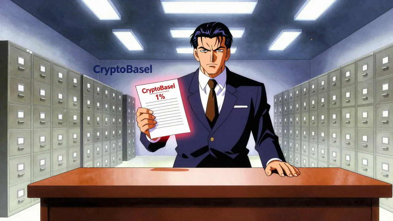 Banker enforcing strict 1% crypto capital cap in a bureaucratic office, 90s anime art.