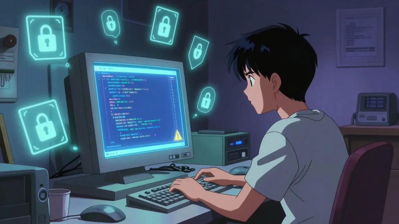 Cautious user checking blockchain data while avoiding scam icons in a retro anime setting.