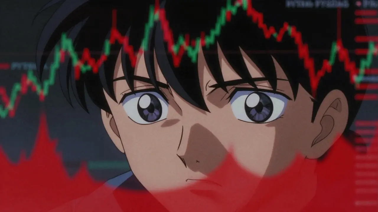 Chaotic trading charts reflecting in eyes showing high-risk market volatility