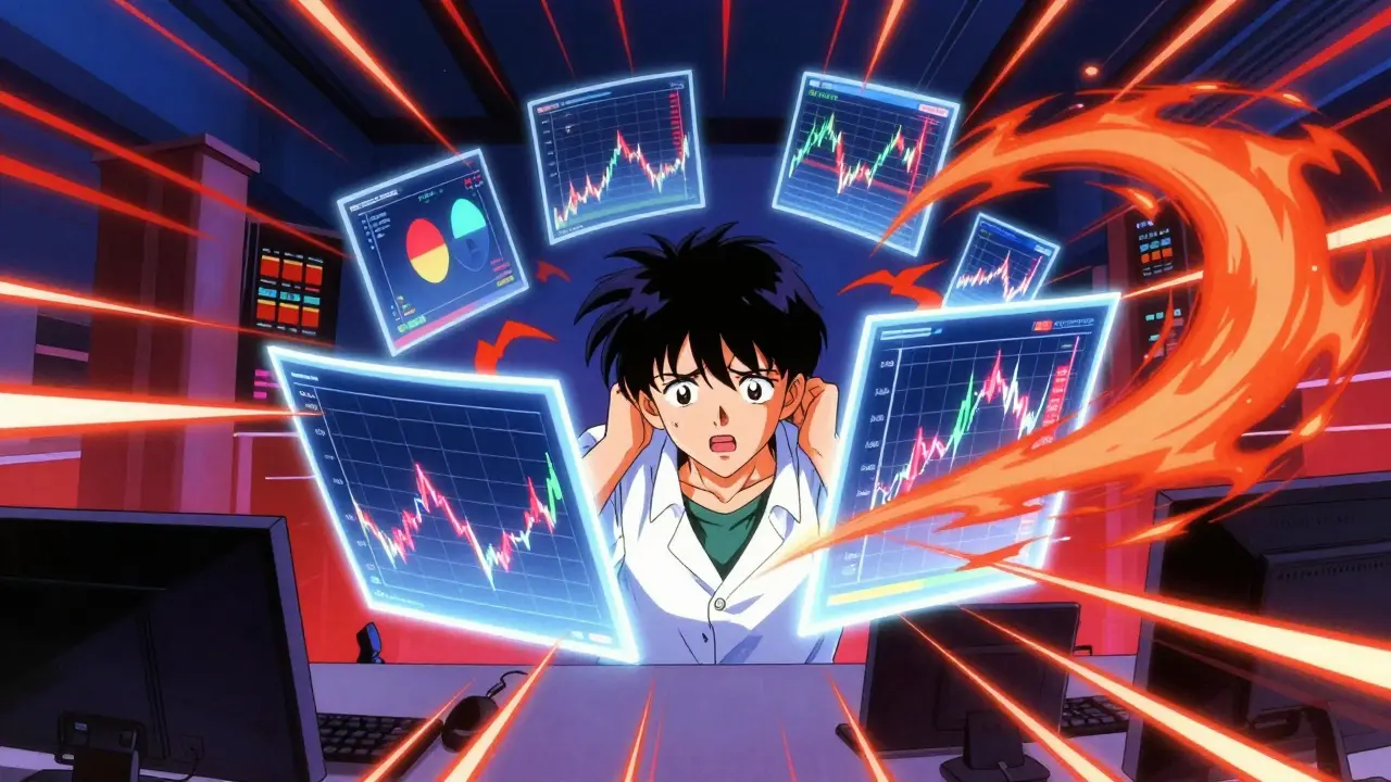 Character amidst volatile digital charts showing crypto market risks