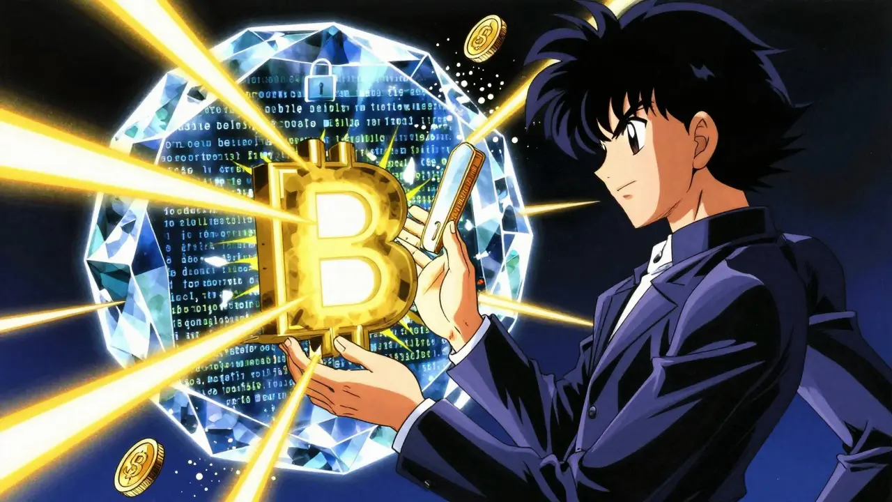 Character interacting with glowing blockchain crystal structure