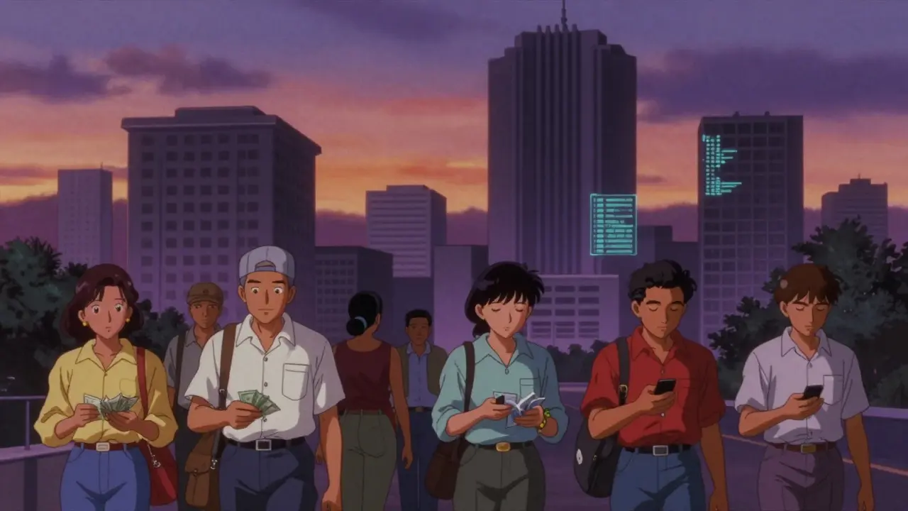 Citizens walking in calm cityscape under twilight sky, mixed payment methods