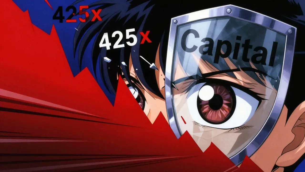Close-up of an eye reflecting a crashing chart with leverage shards.