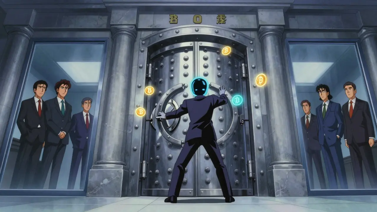 Crypto avatar blocked by a closed traditional bank vault door