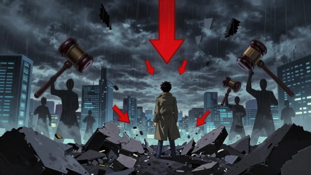 Dramatic 90s anime illustration of NFT assets shattering and falling during a market crash.