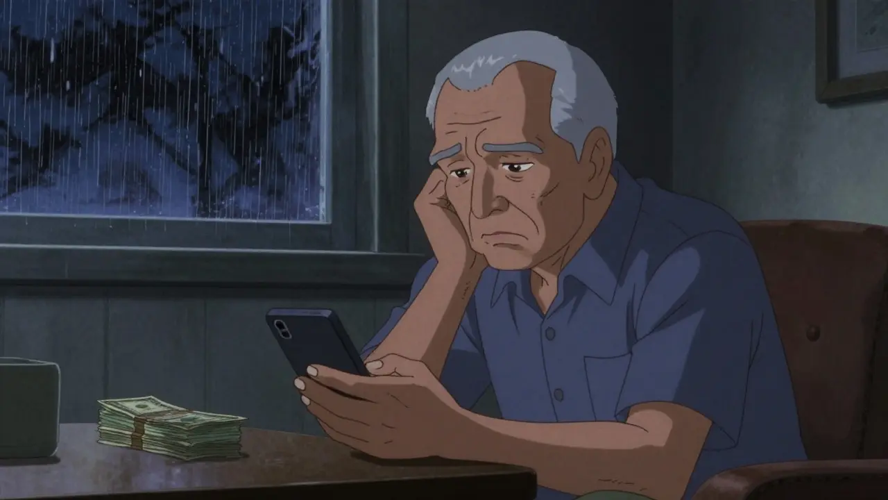 Elderly man looking confused at smartphone in rainy, dark room